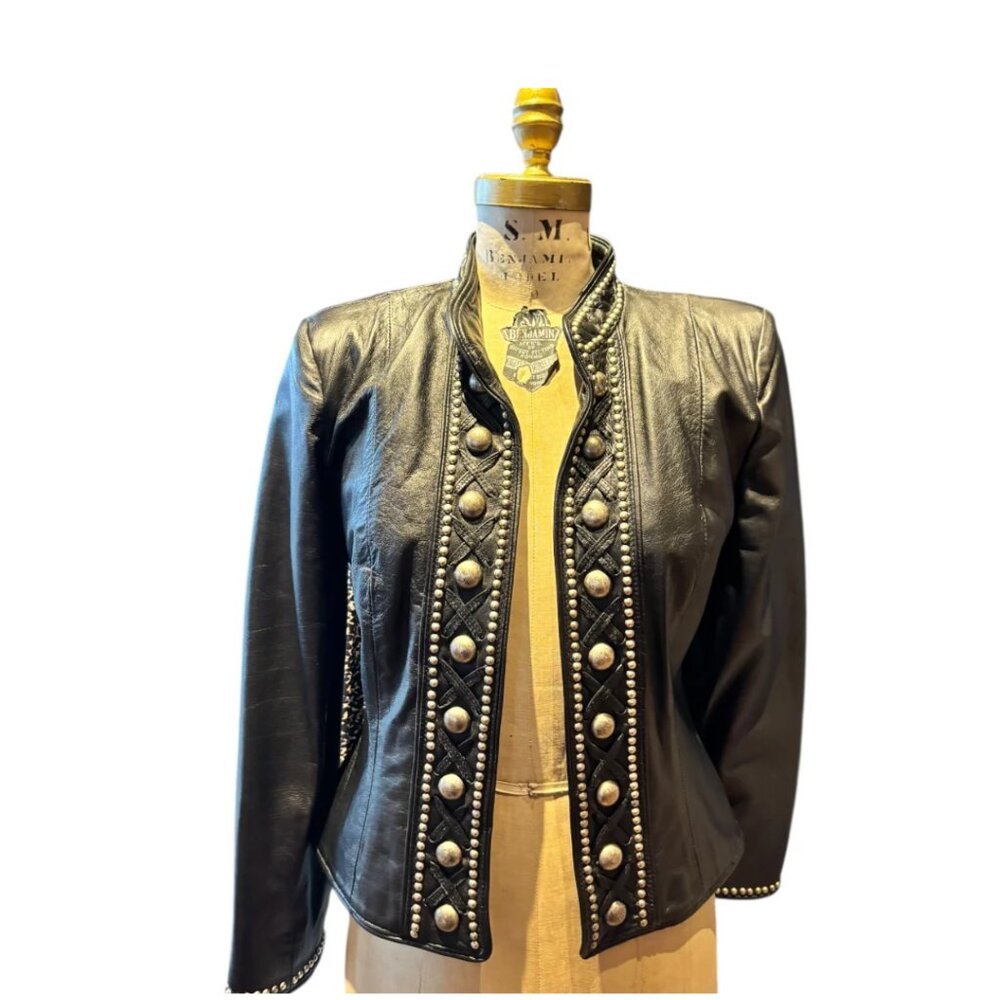 Elegant Black Leather Jacket with Studded Accents